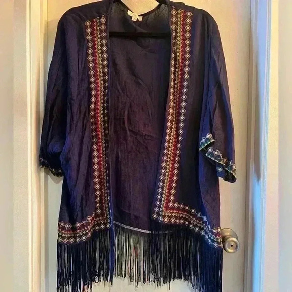 Hot & Delicious Women’s Embroidered Fringe Open Front Jacket M Navy 100% Viscose - Picture 1 of 1